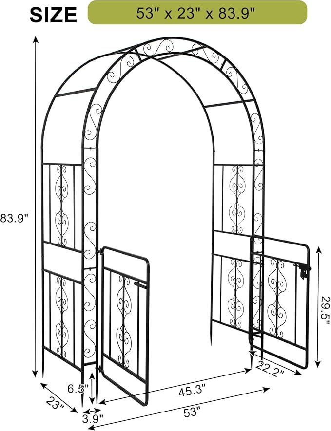 7FT Metal Garden Arch Trellis, Heavy Duty Metal Garden Arbor with Door for Climbing Plants Outdoor Patio, Double-Layered Trellis Arch for Wedding Ceremony Party, 53" x 84", Black, 13mm