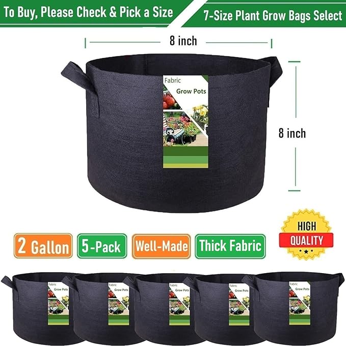 5-Pack 2 Gallon Thickened Plant Grow Bags (8x8 inch) Gardening Bags Fabric Plant Pots for Flower Pots,Plant Nursery Bag,Garden Pot,Herbs Veggies Planter Bag,Barrel Planter,Garden Container W/ Gloves