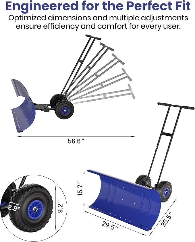 Snow Pusher with Wheels for Driveway, 29.5" Wide Heavy Duty Steel Blade, 7-Position Angle Adjustment & 60° Tilt Handle, Ergonomic Push Snow Shovel with Ground Protection for Effortless Snow Removal