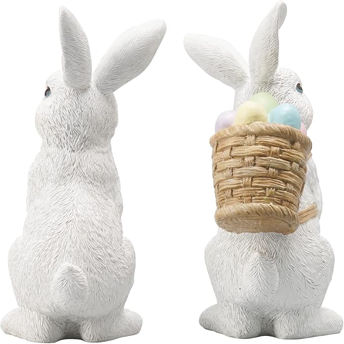 Easter-Basket Bunny-Decor-Figurines Home-Decorations - 2PC Easter Decorations Table Ornaments Resin Spring Bunny Carry Egg Basket Tabletop Decorations for Home Farmhouse 5.25H inch Newman House Studio