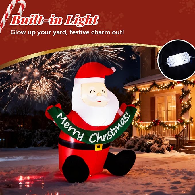 VINGLI 5.8ft Cute Santa Claus Inflatable, Inflatable Santa Holding Banner Christmas Blow ups Yard Decoration, Outdoor Inflatables with LED Lights for Outdoor, Lawn, Garden, Xmas Holiday Decor
