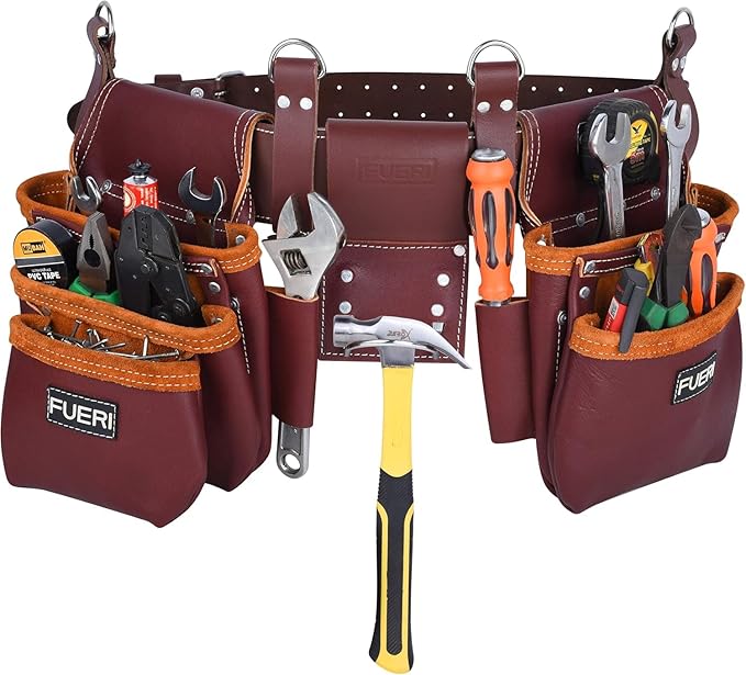 FUERI Leather Tool Belt 17 Pocket Pouches Bags Men Suspenders Holder Organizer for Carpenter Construction Electrician - Maroon