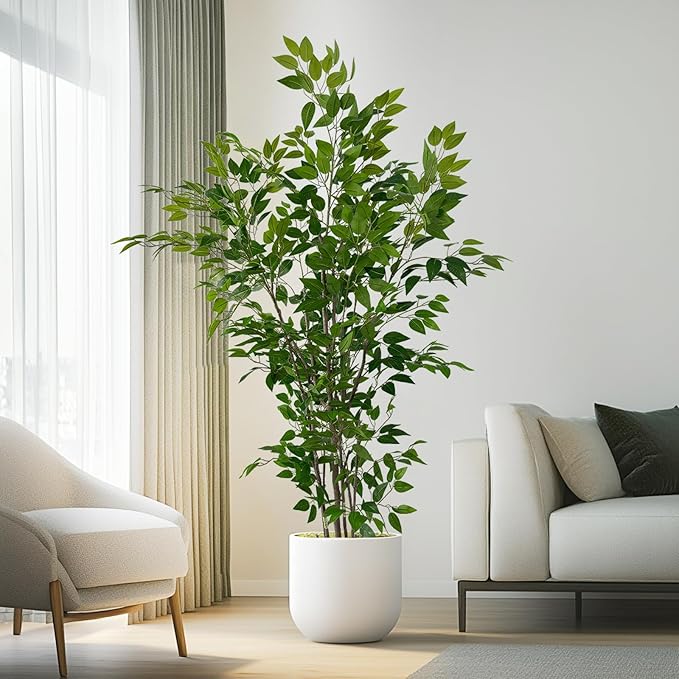 Artificial Ficus Tree with Green Leaves, 6ft Tall, Indoor Plant with Decorative Beige Planter