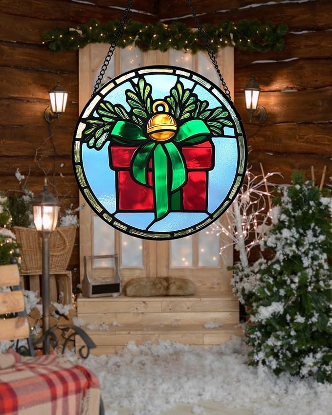Stained Glass Window Hanging - Green Pine Branch Gift Box Suncatcher for Doors Home Christmas Decoration Winter Sun Catcher Thanksgiving New Year Birthday Gifts for Women Men Mom Nana 7.8 in