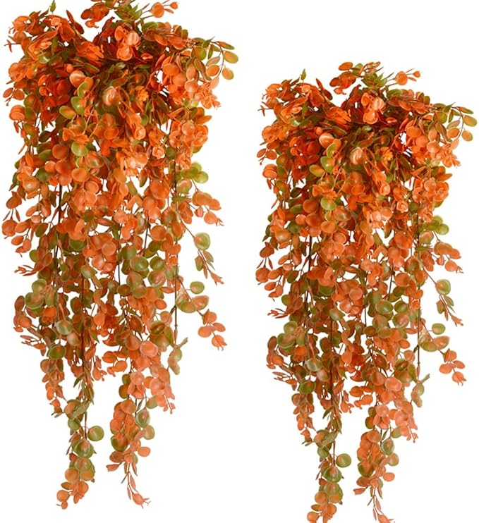 6pcs Artificial Hanging Fall Plants Fake Hanging Plant Faux Eucalyptus Leaf Greenery Vine Outdoor UV Resistant Plastic Plants (6, Fall Orange)