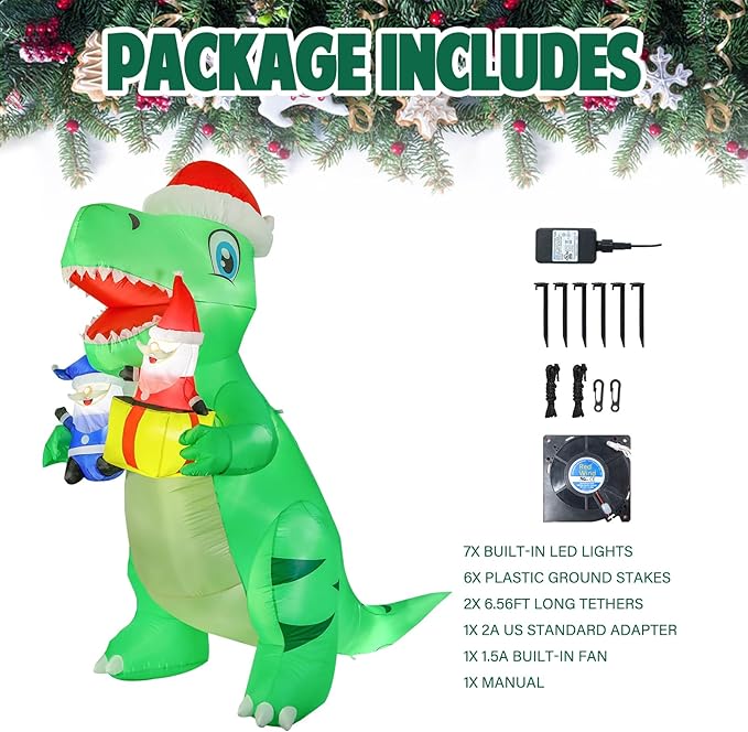 Vipush 8 FT Christmas Inflatable Decorations Dinosaur Christmas Decorations Outdoor Inflatable with LED Light, Outdoor Holiday Decor Blow Up Yard Decor