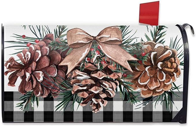 Winter Pine Cone Mailbox Cover Magnetic Standard Size 21" x 19", Buffalo Plaid Farmhouse Decorative Post Letter Box Wrap Decor, Christmas Pine Needle Bow Red Berry Garden Yard Outdoor Decoration