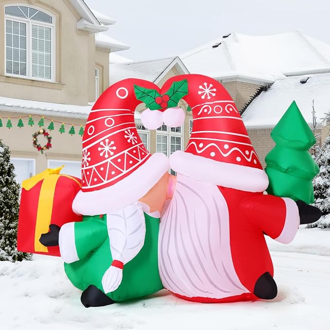 GOOSH 5FT Christmas Gnome Inflatables Outdoor Decorations,Blow Up Couple Gnomes with LED Lights,Xmas Gnome Inflatables for Yard Lawn Garden Holiday Decor