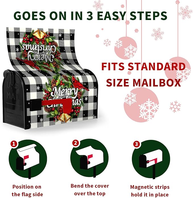Merry Christmas Mailbox Covers Magnetic Standard Size Winter Buffalo Plaid Mailbox Post Cover Xmas Snowflake Mailbox Wraps Holiday Decor Waterproof 21 X18 Inch