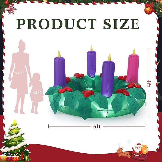 6ft Christmas Outdoor Large Inflatable Advent Wreath Blow up Decor with 4 Candles & LED Lights, Pre Filled Sandbags & Blower for Yard, Church, Lawn Decoration