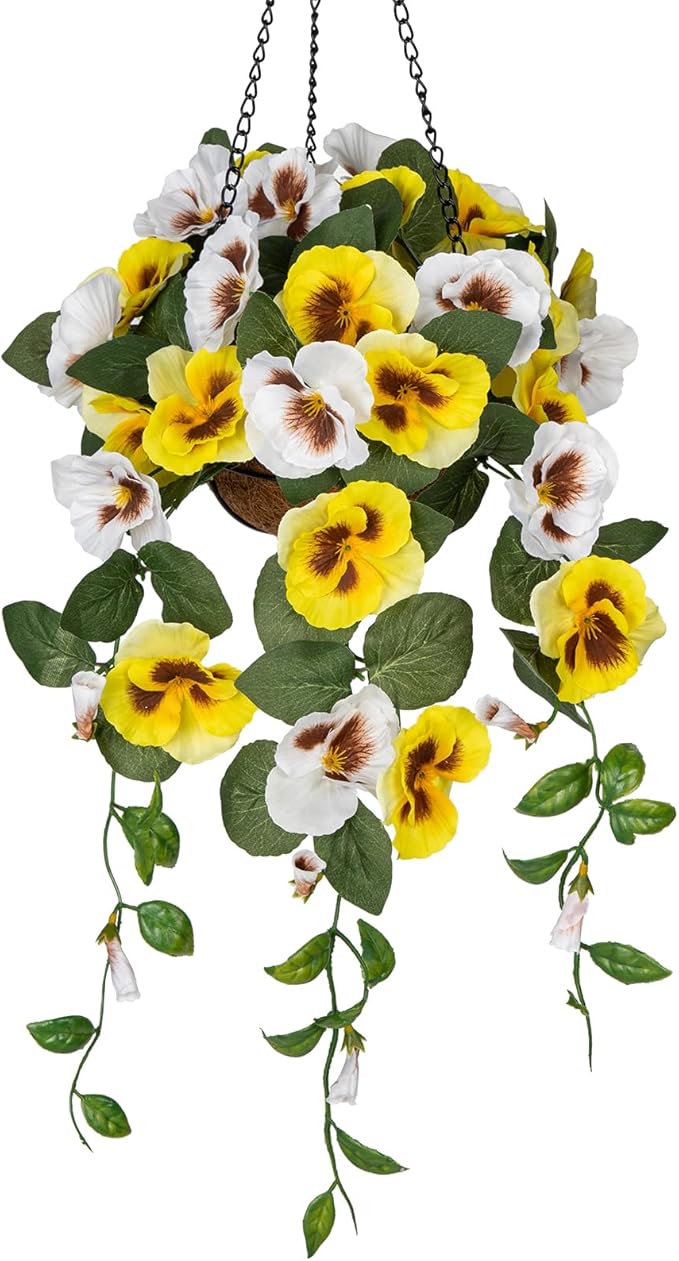 Briful Artificial Hanging Basket Outdoor Yellow&White Pansy Fake Flowers Realistic Silk Fall Bloom Faux Flowers Coconut Basket for Home Decor Indoor Farmhouse Balcony Patio Garden