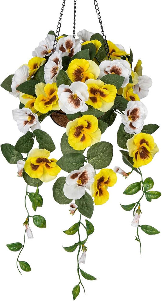 Briful Artificial Hanging Basket Outdoor Yellow&White Pansy Fake Flowers Realistic Silk Fall Bloom Faux Flowers Coconut Basket for Home Decor Indoor Farmhouse Balcony Patio Garden