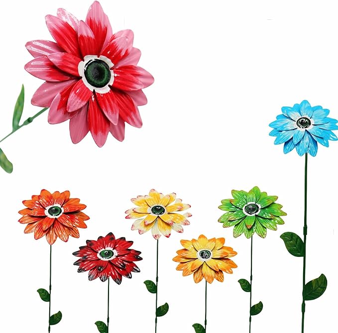 7Pcs/Set Metal Flower Garden Stakes,Metal Eyes Flowers Outdoor Decor Stake Yard Art Decoration,Garden Plant Stick Spring Patio (C)