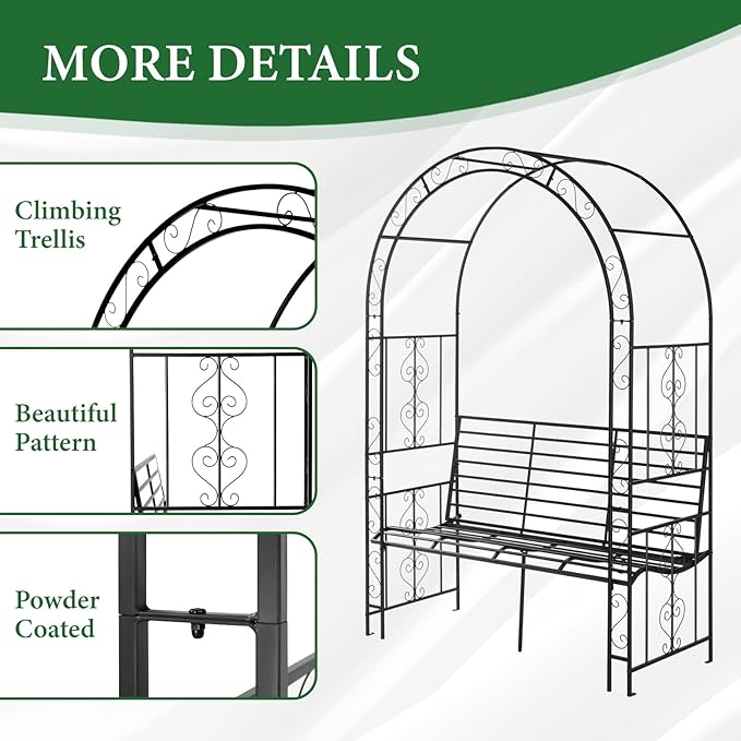 Garden Arbor with Garden Bench, 7FT Wedding Arches for Ceremony, Metal Arbor Trellis for Climbing Plants Outdoor, Black Garden Archway for Lawn, Patio and Backyard