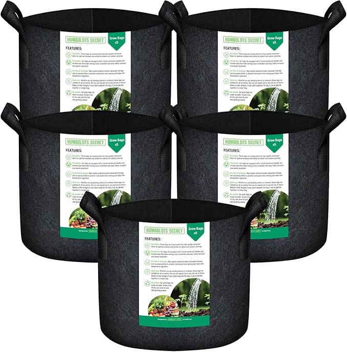 Humboldts Secret Fabric Grow Bags - Non Woven Fabric Plant Pots - Reusable Garden Bags - Plant Grow Bags for Indoor and Outdoor Plants - Thick Fabric Pots with Handles (5-Pack) (20 Gallon)