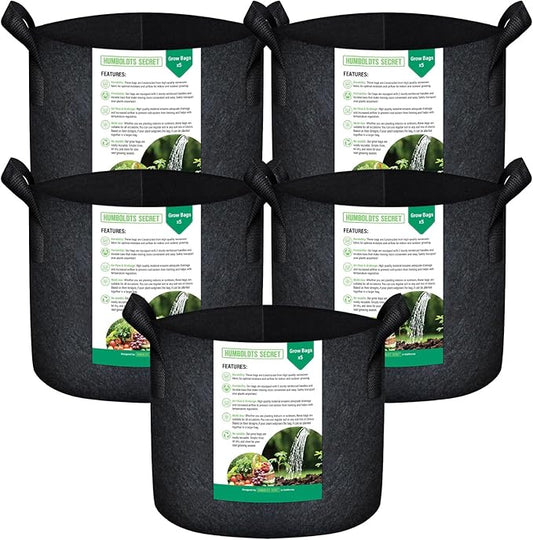 Humboldts Secret Fabric Grow Bags - Non Woven Fabric Plant Pots - Reusable Garden Bags - Plant Grow Bags for Indoor and Outdoor Plants - Thick Fabric Pots with Handles (5-Pack) (20 Gallon)