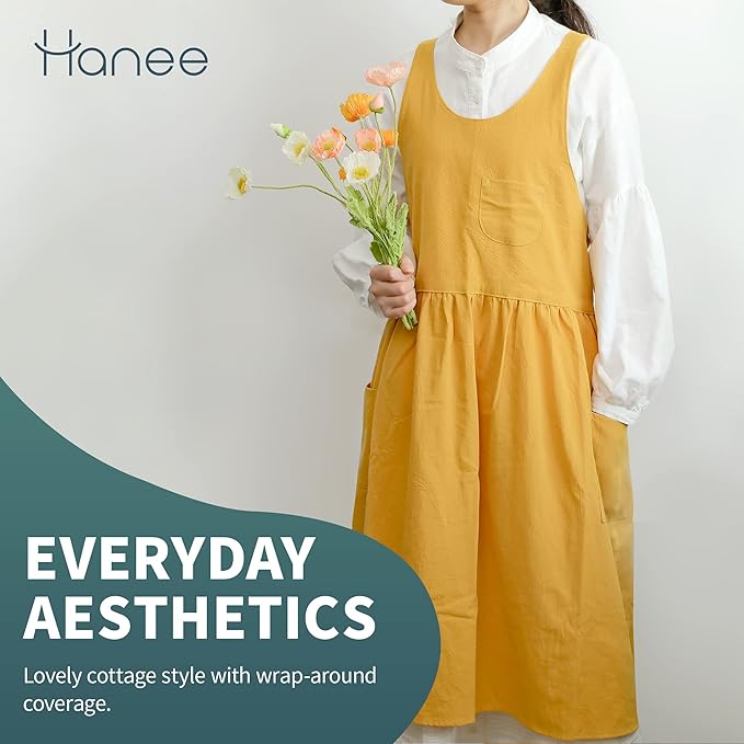 HANEE Cross Back Aprons for Women with Pockets | Japanese Style Cotton Apron | Cute Pinafore Smock for Kitchen etc (6 Colors)
