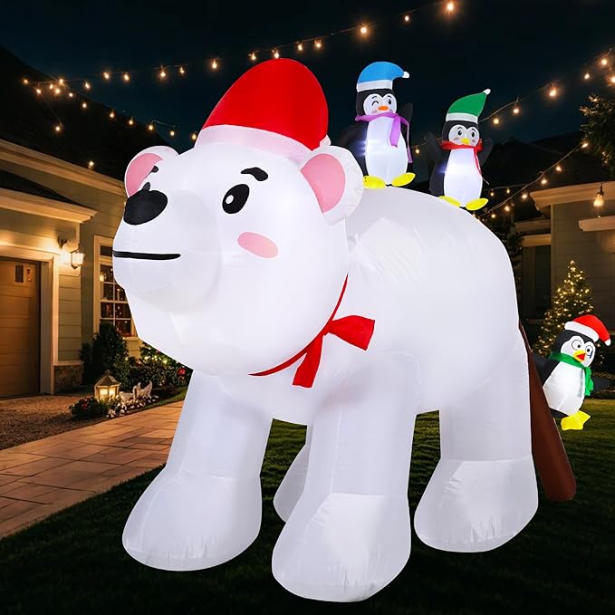 8FT Long Christmas Inflatables Decorations, Outdoor Penguins & Polar Bear Giant Blow Up with Built-in LED Lights for Yard Garden Lawn Holiday Decor
