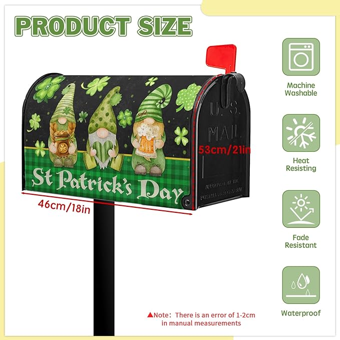 St Patricks Gnomes Mailbox Cover - Shamrock Mailbox Covers Magnetic Standard Size 21x18 in -Decoration for Garden - Green Clover