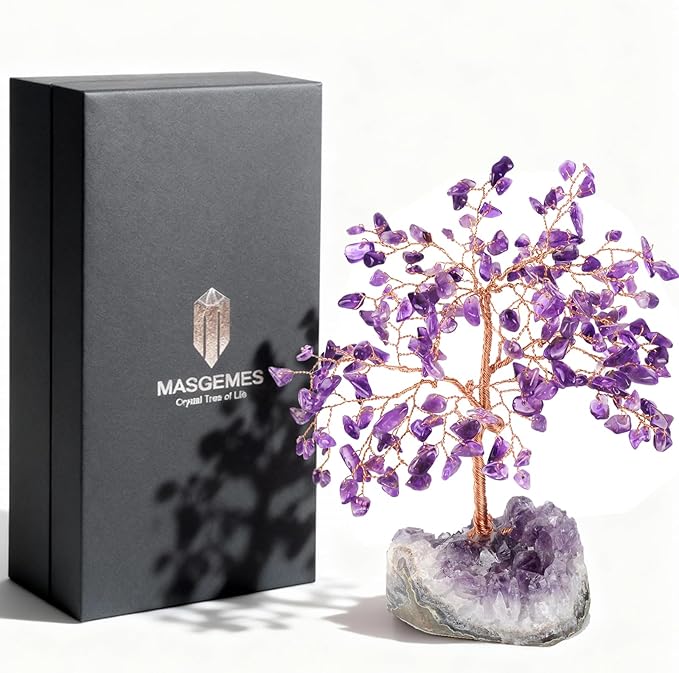 Handmade Chakra Gemstone Crystal Tree of Life,Natural Amethyst with Amethyst Cluster Base,Bonsai Feng Shui Decor Money Tree,Healing Crystals Positive Energy Gift Size 5.5"-6.3"