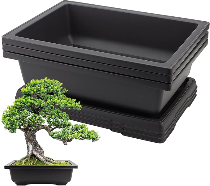 3 Pack 14 Inch Large Bonsai Pots, Rectangular Built in Mesh Plastic Bonsai Training Pots with Trays, Plant Flower Tree Growing Bonsai Planter for Garden Supplies, Yard, Office, Room, Balcony
