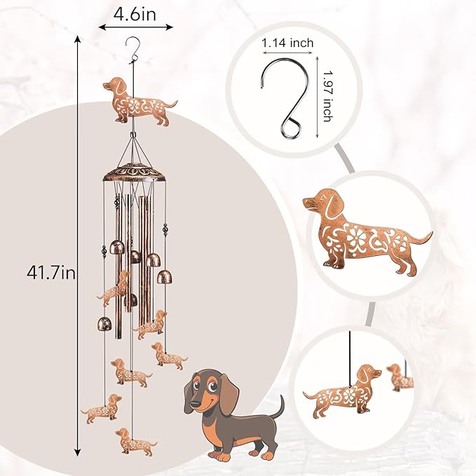 Dachshund Dog Wind Chimes for Outside,41" Metal Windchimes, Housewarming/Halloween/Festival Gifts for Women/Men, Pet Memorial Wind Chimes for Dogs, Dachshund Decor for Outside, Patio, Garden or Yard