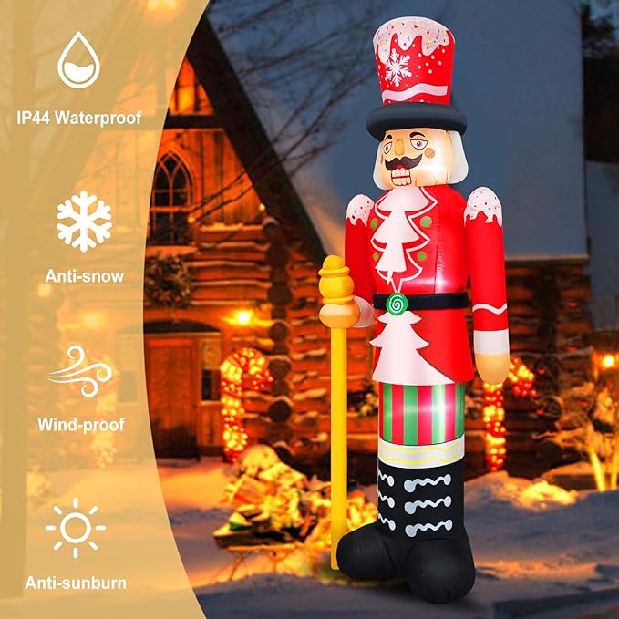 Christmas Inflatables Nutcracker Decoration Blow Up 8FT Santa Figurine Red & White Soldier with Candy Cane Stripes, Staff & Crown Hat Festive Holiday Decor for Lawn, Garden Xmas Display