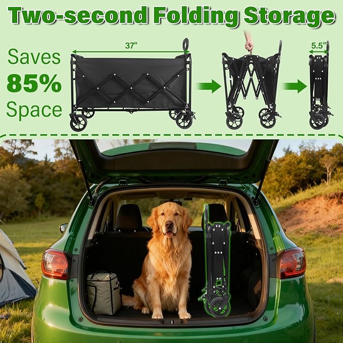 Wagon Cart Foldable,500Lbs Collapsible Wagon Cart with Wheels Portable, All Terrain Outdoor Utility Carts for Groceries, Camping, Sports, Garden, Shopping, Black
