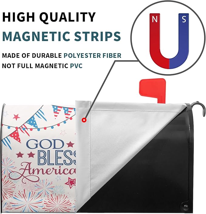 4th of July Cat Mailbox Cover Magnetic Large Size God Bess America Flag Stars Patriotic Firework Mailbox Wrap Letter Post Cover 25.5x21 Inch for Garden Yard Outside Outdoor Decor