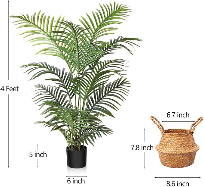 LOMANTO Fake Majesty Palm Plant 4Ft Artificial Plants for Home Decor Indoor Faux Palm Trees in Pot Fake Tropical Plants for Housewarming Gift 2Pack