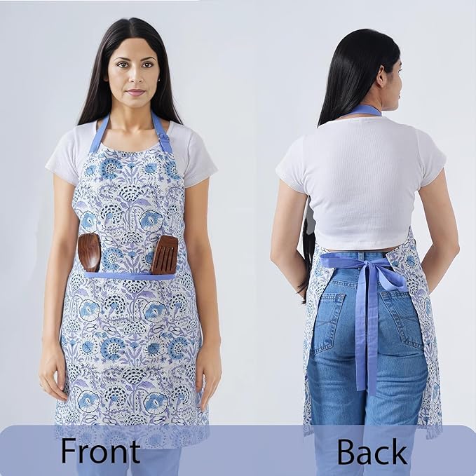 CPC Cotton Floral Kitchen Apron for women with Pocket and Adjustable Neck Ties. Apron for Women Men Chef-Hand Block Printed
