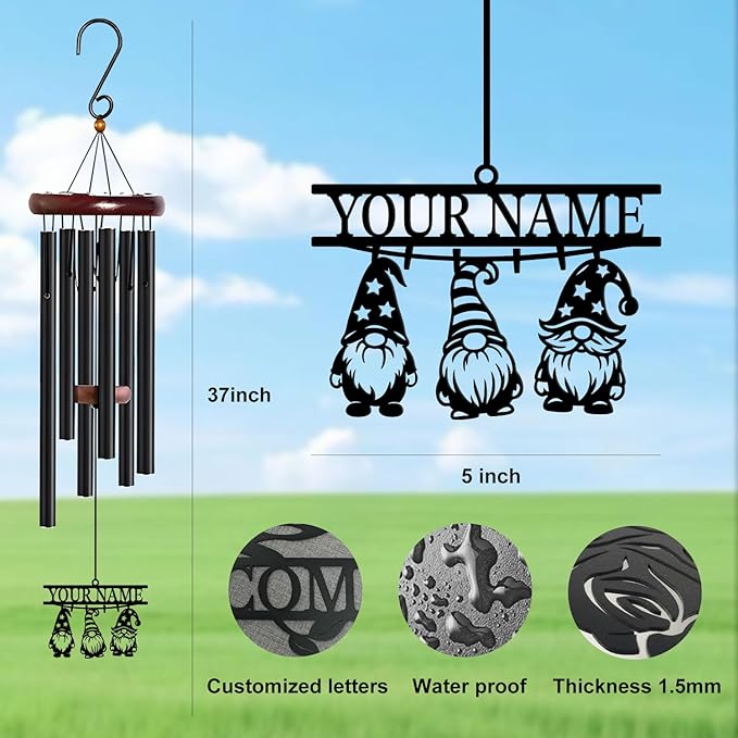 Personalized Customize Name Gnome Wind Chime, Metal Iron 37 Inch Outdoor Memorial Gift for Garden Yard Patio Home Decor, Black，Christmas (Style F)