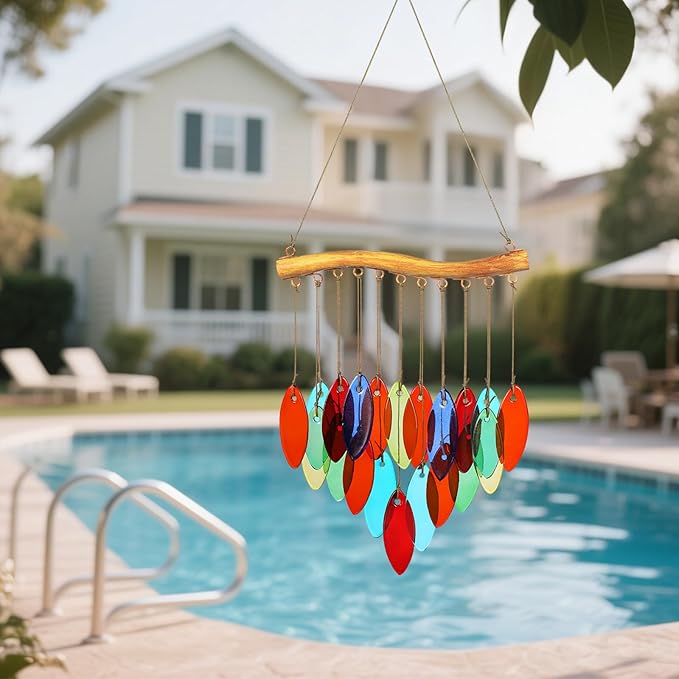 Color Leave Glass Wind Chimes for Outside, Fall Leaves Windcmes Outdoors Unique Suncatcher, Small Sea Glass Art Wind Chimes Outdoor Gifts for Women, Hanging Outdoor Garden Christmas Decoration Gift