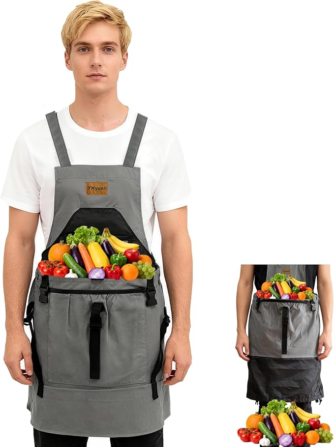 Gardening Apron, Pockets for Women & Men Cross Back Gardening Apron integrated extended drawstring pouch, Great Gift