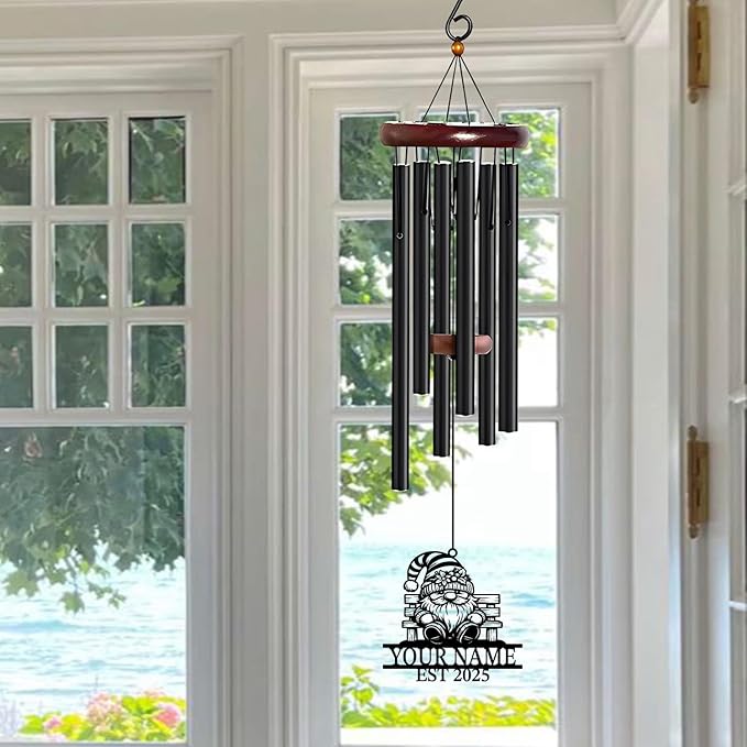 Personalized Customize Name Gnome Wind Chime, Metal Iron 37 Inch Outdoor Memorial Gift for Garden Yard Patio Home Decor, Black，Christmas (Style C)