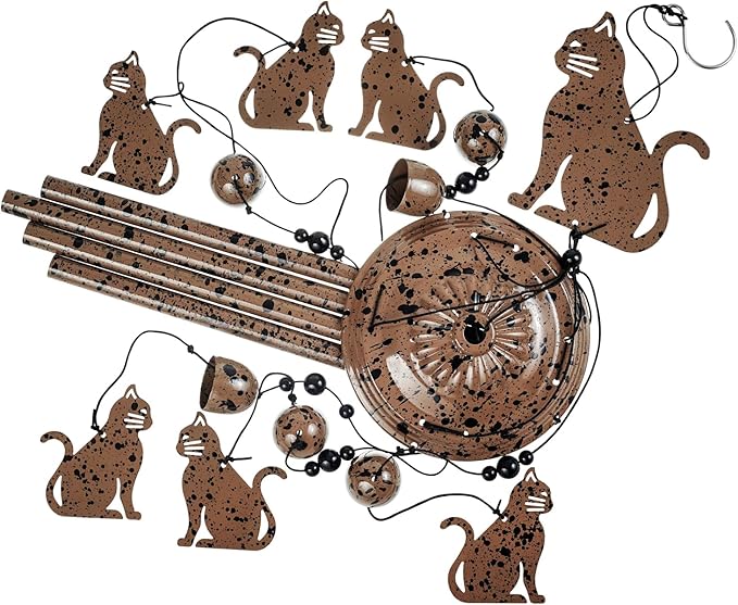 Outdoor Cats Wind Chimes Indoor Decor - Hand-Made Mobile Romantic Brown Wind Catcher, 36" Cat Wind Bells for Home, Balcony, Patio, Garden Festival Decoration, Gift for Mom(4 Tubes, 6 Bells, 7Cats)