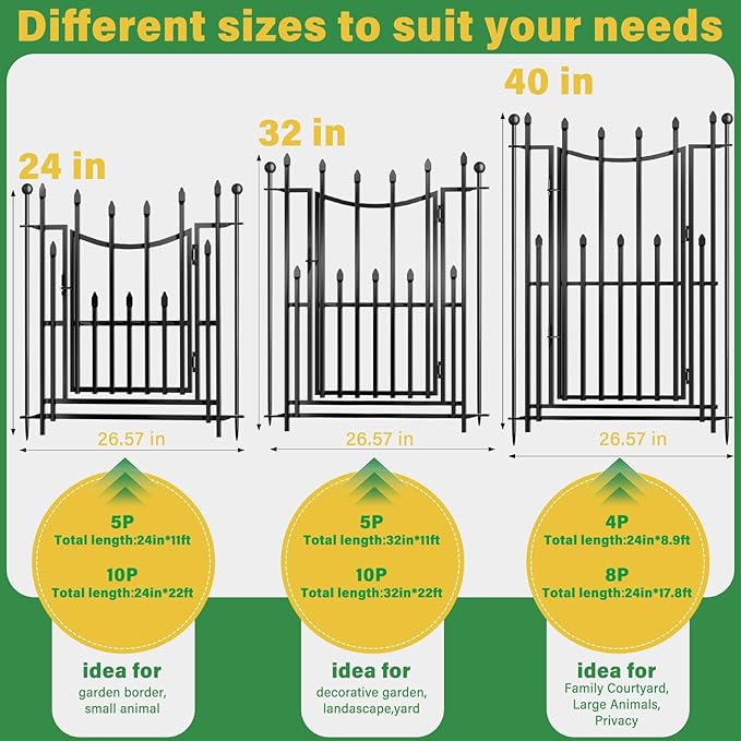 8 Panels No Dig Decorative Garden Fence with Gate, 40in(H) × 17.6ft(L) Heavy-Duty Rustproof Metal Panels, Outdoor Dog Barrier for Yard & Patio, Landscape, Border| Portable Temporary Fencing