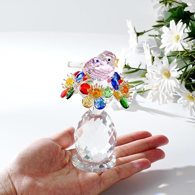 Crystal Bird & Forget-Me-Not Flower Figurine,3x4 inch Glass Flower Collectible Ornaments for Home Decor Table Centerpiece Glass Bouquet Flowers Keepsake Gifts for Women （Colorful）