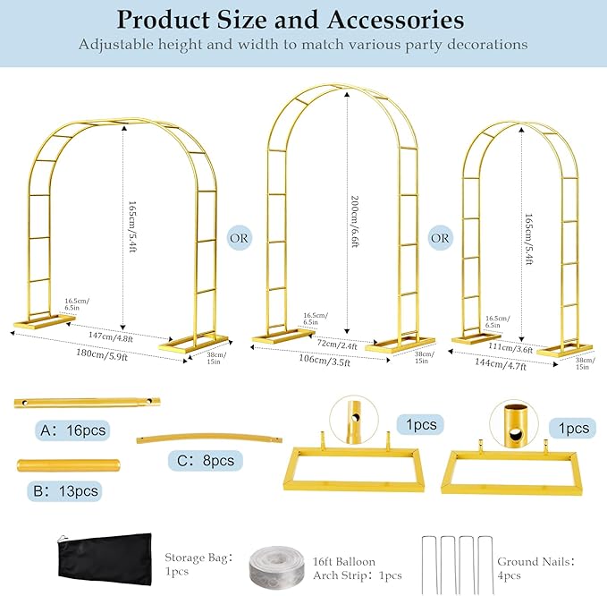 Arch Backdrop Stand,6.6FTx3.5FT Metal Pergola Arbors,Gold Garden Wide Arbors and Arches Trellis for Climbing Plants Outdoor,Assemble Freely 3 Sizes for Party or Garden Decoration