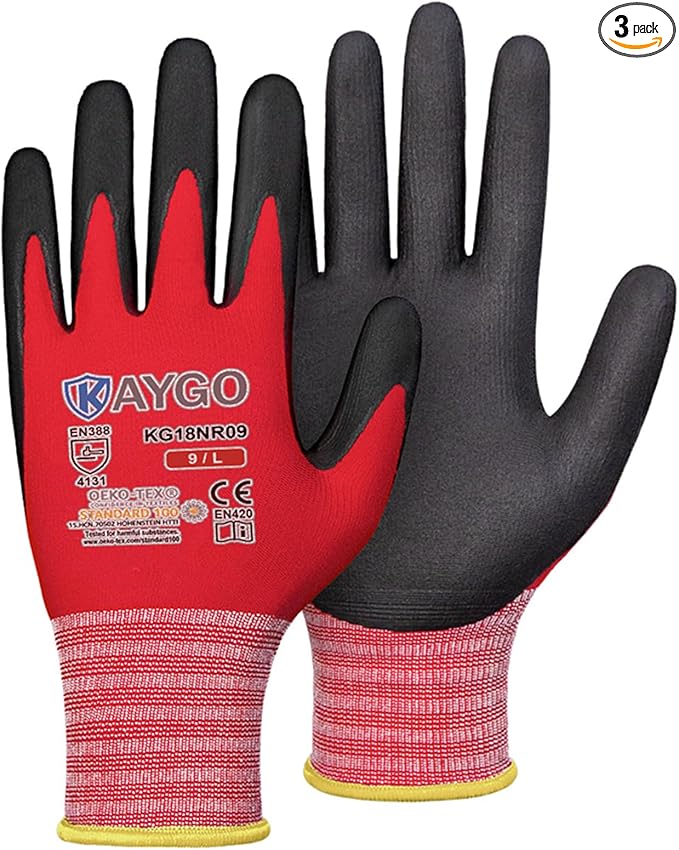 KAYGO Safety Work Gloves MicroFoam Nitrile Coated-3 Pairs, KG18NB,Seamless Knit Nylon Glove with Black Micro-Foam Nitrile Grip,Ideal for General Purpose,Automotive,Home Improvement,Red large