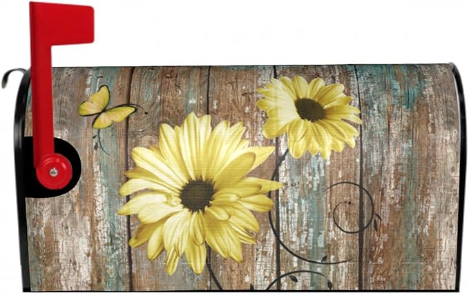Rustic Daisy Board Mailbox Cover Magnetic, Yellow Sunflowers Vintage Wood Grain Plank Mailbox Wrap Letter Post Box Cover for Yard Garden Outside Home Decor, Standard Size 21x18 Inch