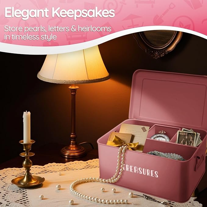 Flexzion Tin Storage Box with Removable Tray, 8 Inch Seed Organizer Box and Metal Seed Holder Organizer with Hinged Lid, Toolbox Container for Crafts, Hardware, Tools, Essentials, Pink