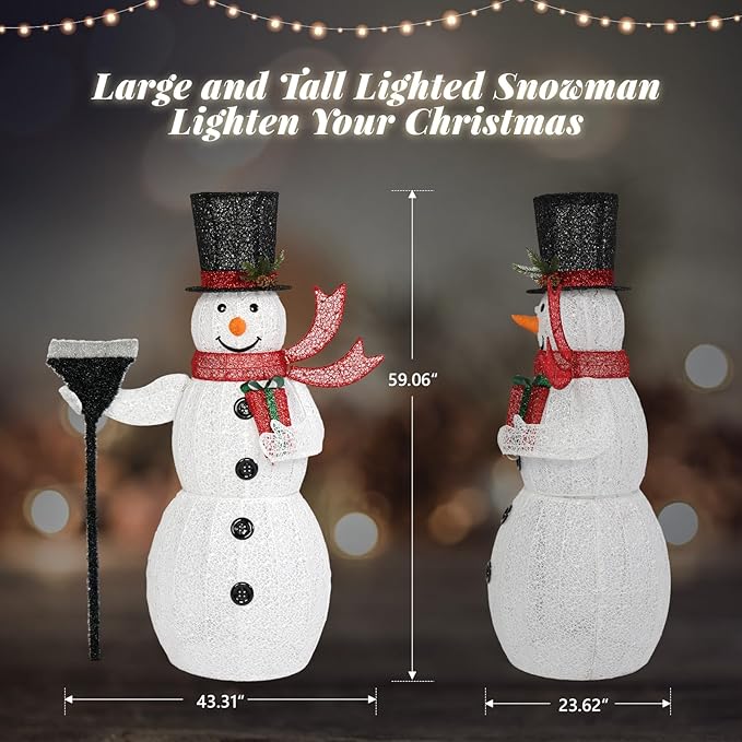VINGLI 5FT Outdoor Snowman Christmas Decorations, Lighted Outdoor Snowman w/200 LED Lights, Tall Hat, Red Scarf, Zip Ties, Ground Stakes for Indoor, Yard, Outside Xmas Decor