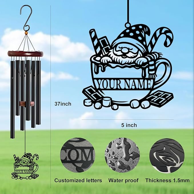 Personalized Customize Name Gnome Wind Chime, Metal Iron 37 Inch Outdoor Memorial Gift for Garden Yard Patio Home Decor, Black，Christmas (Style D)