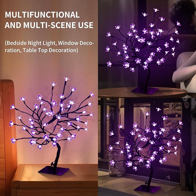 RGBW Cherry Blossom Tree Lights,LED Artificial Flower Bonsai Tree，16.2Inch Table Top Lamp 48 Multicolor Lights，Night Lights Lighted Artificial Twig Tree for Xmas Indoor Desktop Home Decor