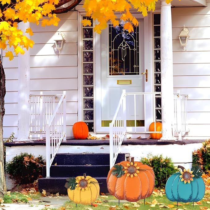 PHITRIC Fall Decorations for Home Outdoor, 3 Stacked Pumpkins Decorative Garden Stakes for Fall Decor, Metal Yard Signs for Outside Garden Yard Porch Lawn Thanksgiving Decorations