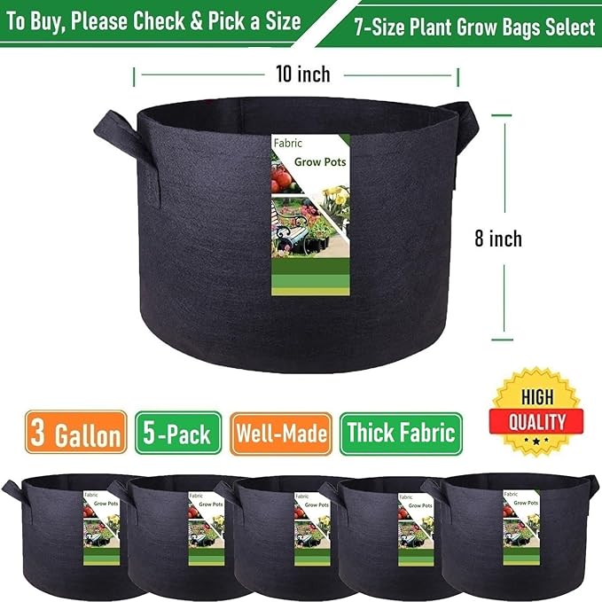 5-Pack 3 Gallon Thickened Plant Grow Bags (10x8 inch) Gardening Bags Fabric Plant Pots for Garden Pots,Flower Pot,Plant Nursery Bag,Herbs Veggies Planter Bag,Barrel Planter,Garden Container W/ Gloves