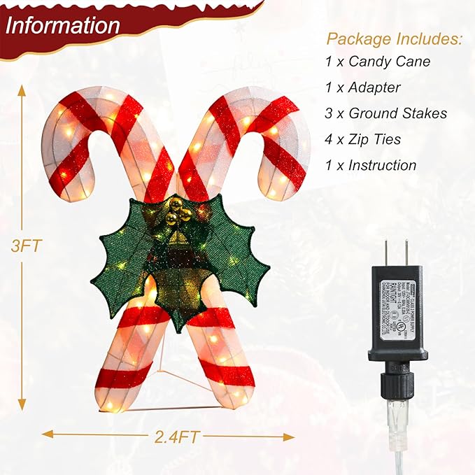 Lighted Christmas Candy Cane Decoration Outdoor Pre-lit 3D Crossed Candy Cane Glittered with LEDs Lighted Up Standing Ornament Outdoor Indoor Christmas Decoration for Home Lawn Yard Garden Display
