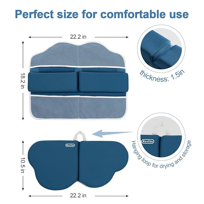 Roslim Bath Kneeler and Elbow Rest Pad Set - Non-Slip Knee& Arm Support Bathtub Mat with Organizer Pockets, Quick Drying, Foldable, Non-Slip Kneeling Pad for Parents, Blue