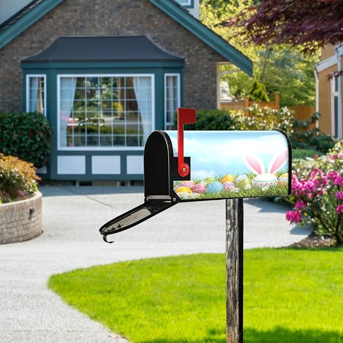 SUABO Mailbox Cover Easter Bunny Ear Egg Oversize Magnetic Mailbox Covers Wraps for Christmas Home Yard Garden Decor